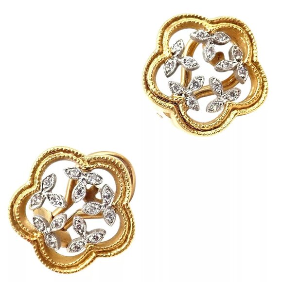 Authentic! Cathy Waterman 22k Yellow Gold Platinum Diamond Vine Flower Earrings - Picture 1 of 11